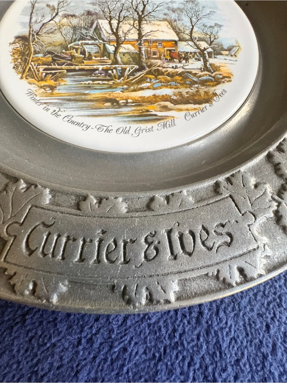 Vintage Currier & Ives Old Grist Mill Pewter Plate | Carson Freeport PA | Winter